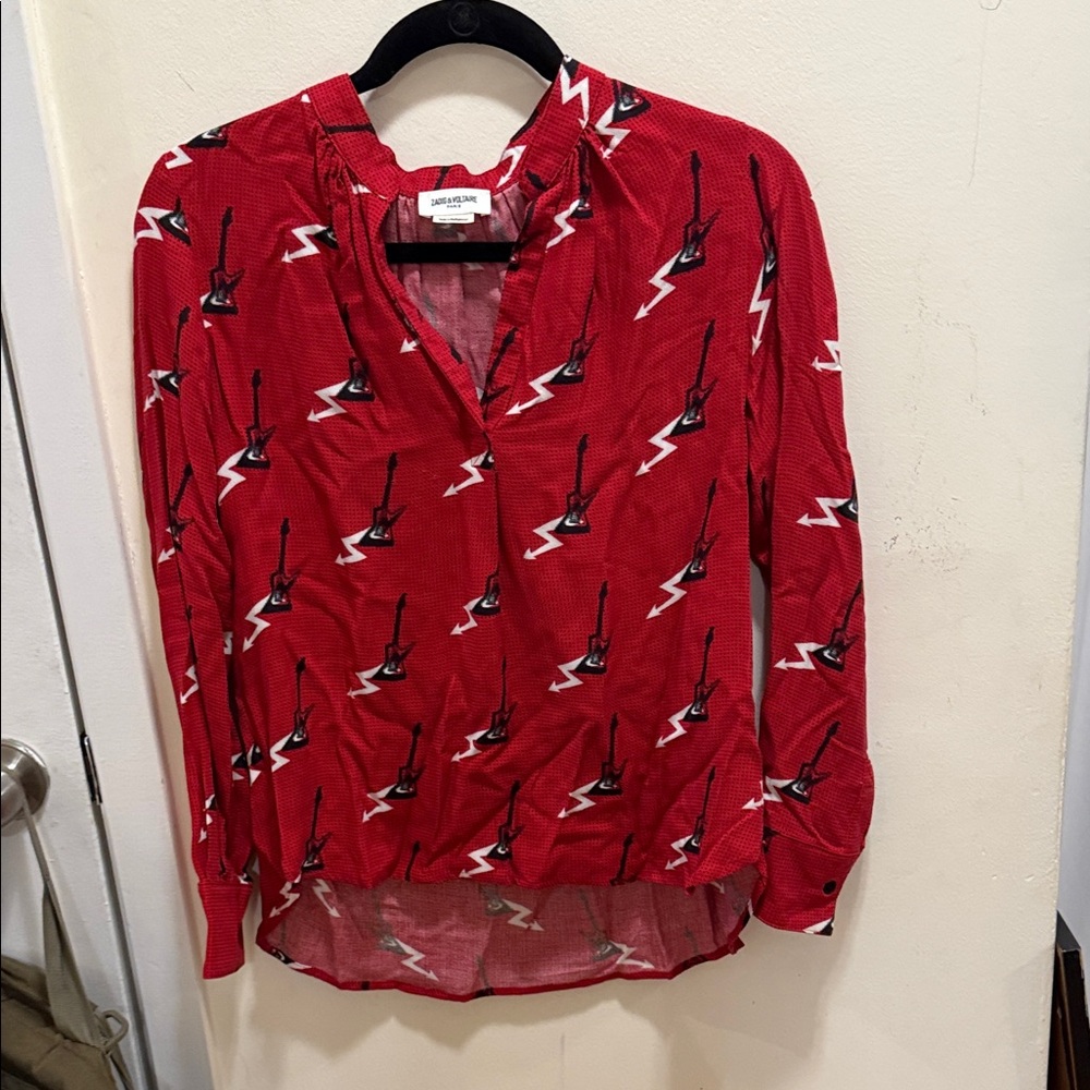 Zadig & Voltaire Red Guitar-Print Long-Sleeve Blouse